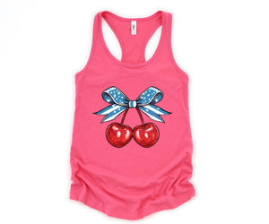 4th of July Coquette Cherry Tank, Cherry Bow Top, 4th Of July Shirt, Cherry Coquette Tee, American Flag Bow Tee, Cherry Lover Gift