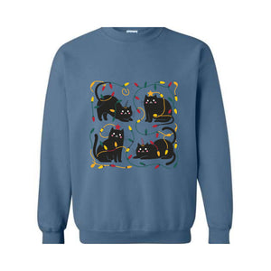 Funny Christmas Cats with Christmas Light Sweatshirt, Meowy Christmas Sweater, Cute Christmas Cat