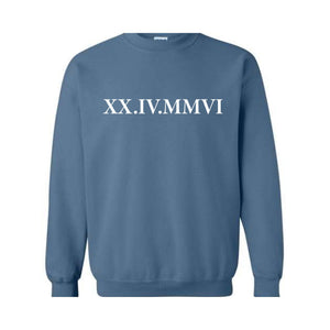 Roman Numeral Custom Sweatshirt, Custom Anniversary Date Couple Sweatshirt, Custom Initials With Heart Sleeve Sweatshirt