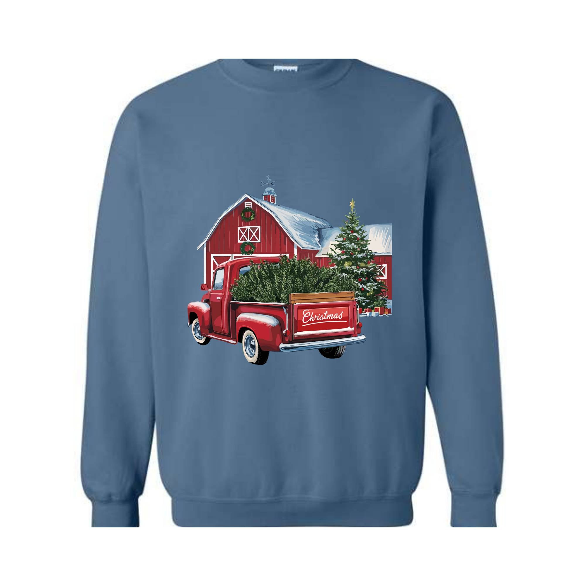 Christmas Sweatshirt, Old Red Barn, Old Red Truck Christmas Tree, Vintage Truck Sweatshirt