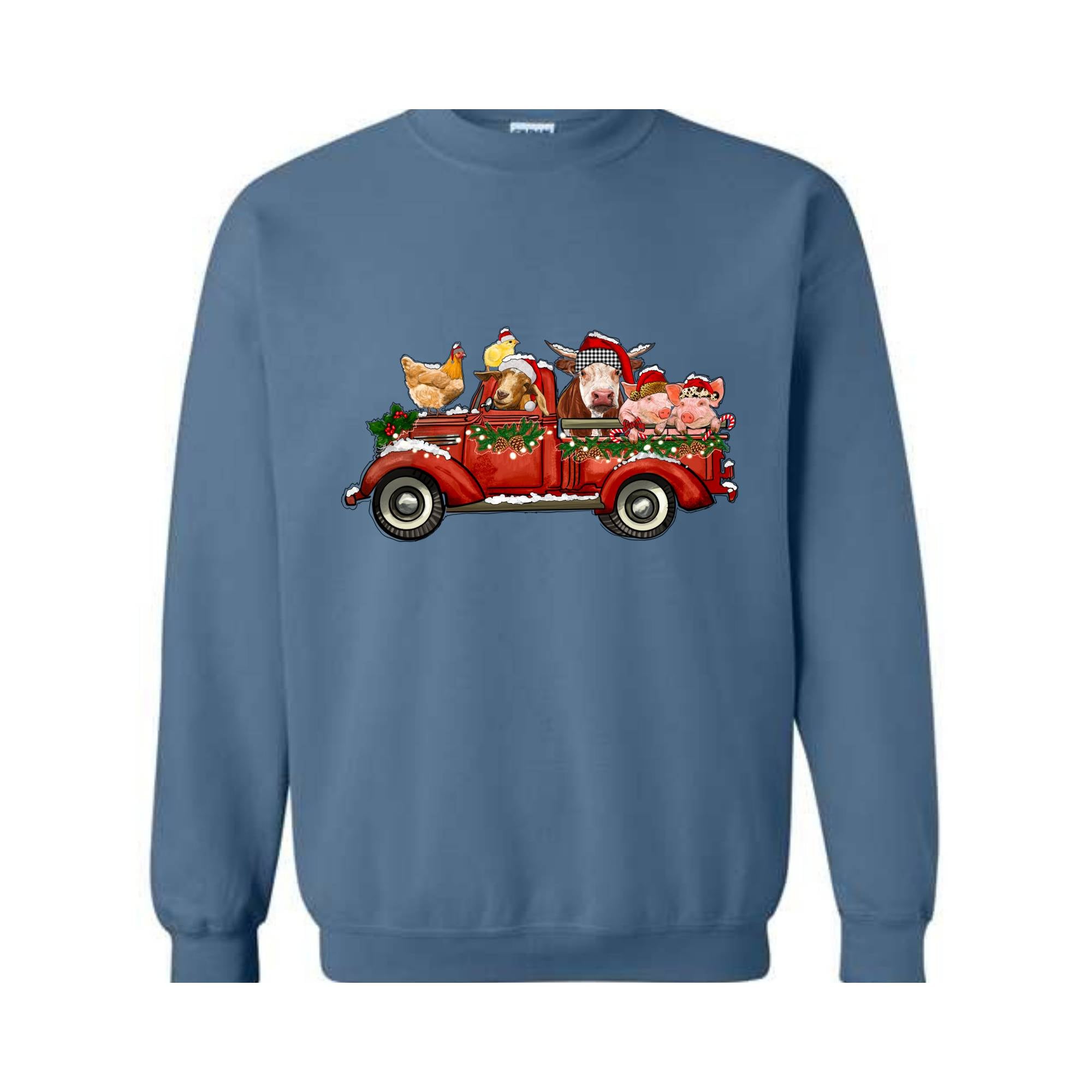 Farm Animals Christmas Truck Sweatshirt, Gifts For Farm Animal Lovers, Truck Xmas Lights Sweat, Farmer Christmas Outfit