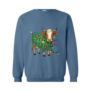 Cute Christmas Sweatshirt, Funny Christmas Cow Sweat, Christmas Lights Sweater, Cow Lover Xmas Gifts, Farm Christmas Sweatshirt