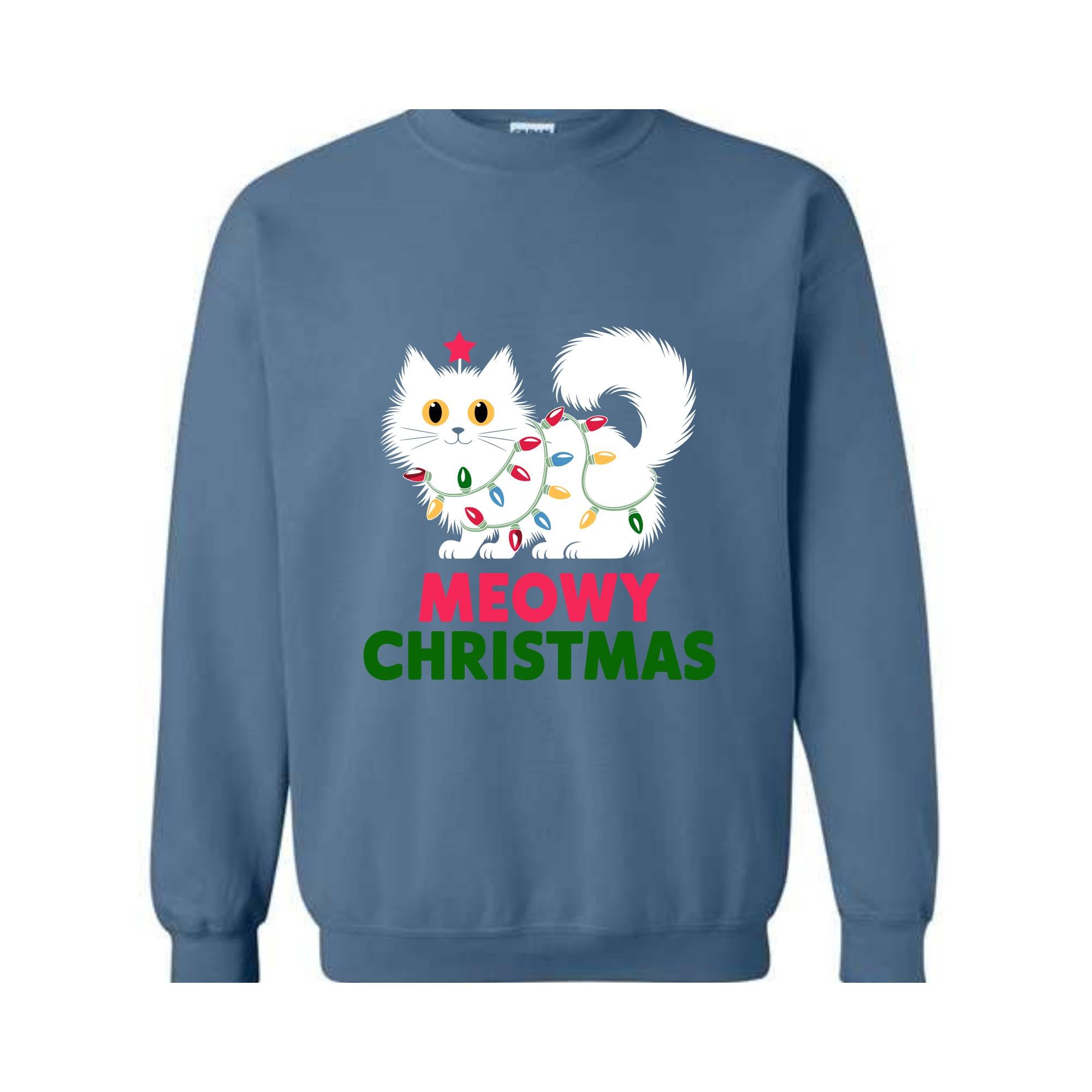 Meowy Christmas Cat Sweatshirt, Black Cat Christmas Hoodie, Cat Lover Tee, Cute Cat Hoodie, Christmas Lights Hoodie, Cat Lover Gift