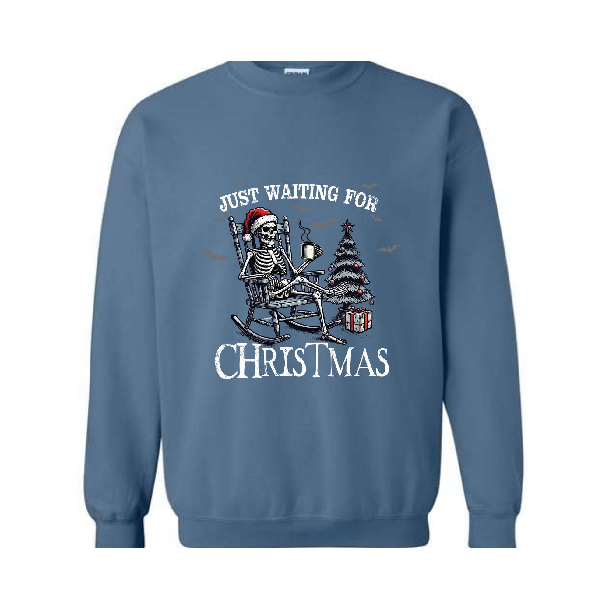 Just Waiting For Christmas Sweatshirt, Halloween Skeleton Sweater, Funny Halloween Crewneck, Skeleton Christmas Shirt, Spooky Season Shirt