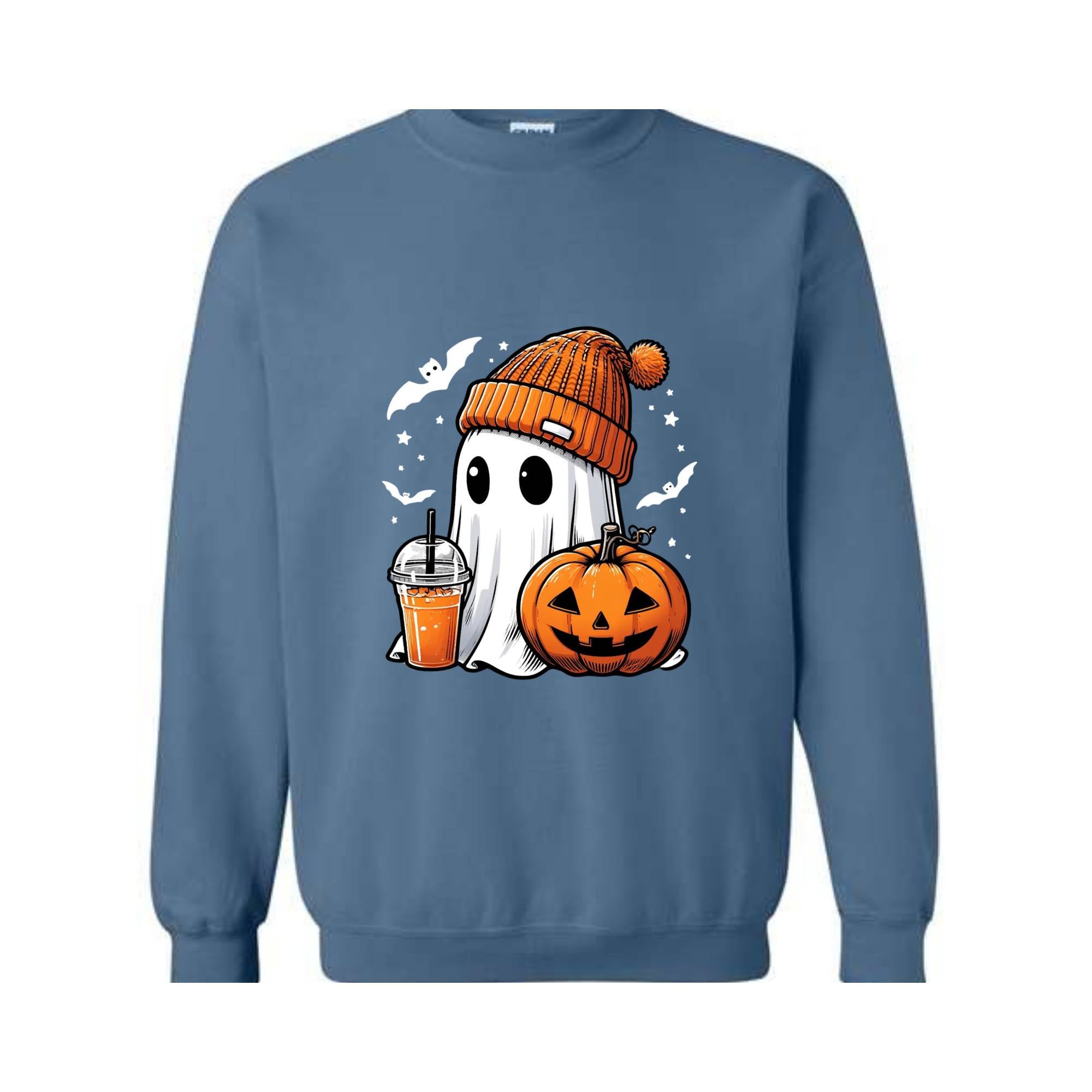 Cute Ghost Halloween Sweatshirt, Ghost Coffee Sweatshirt, Coffee Lover Sweater, Pumpkin Head Crewneck, Pumpkin Spice Shirt, Boo Sweatshirt