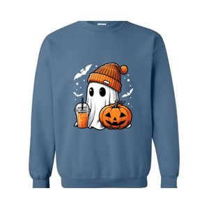 Cute Ghost Halloween Sweatshirt, Ghost Coffee Sweatshirt, Coffee Lover Sweater, Pumpkin Head Crewneck, Pumpkin Spice Shirt, Boo Sweatshirt