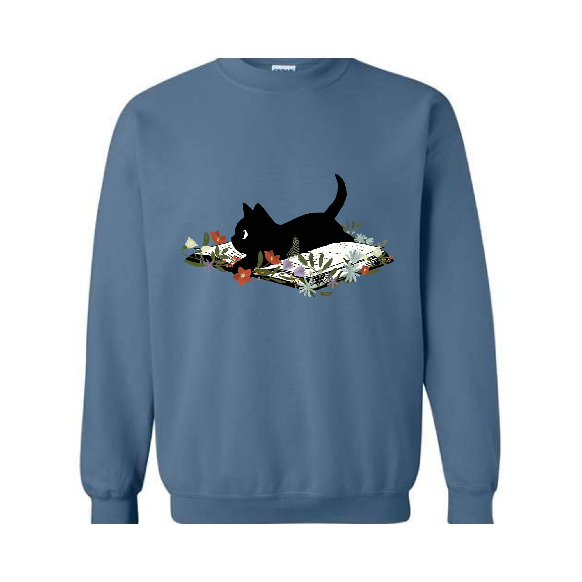 Cute Book Cat Sweatshirt, Floral Cat Bookish Sweatshirt, Gift For Cat Lovers, Cat Mom Hoodie, Bookish Cat Sweater