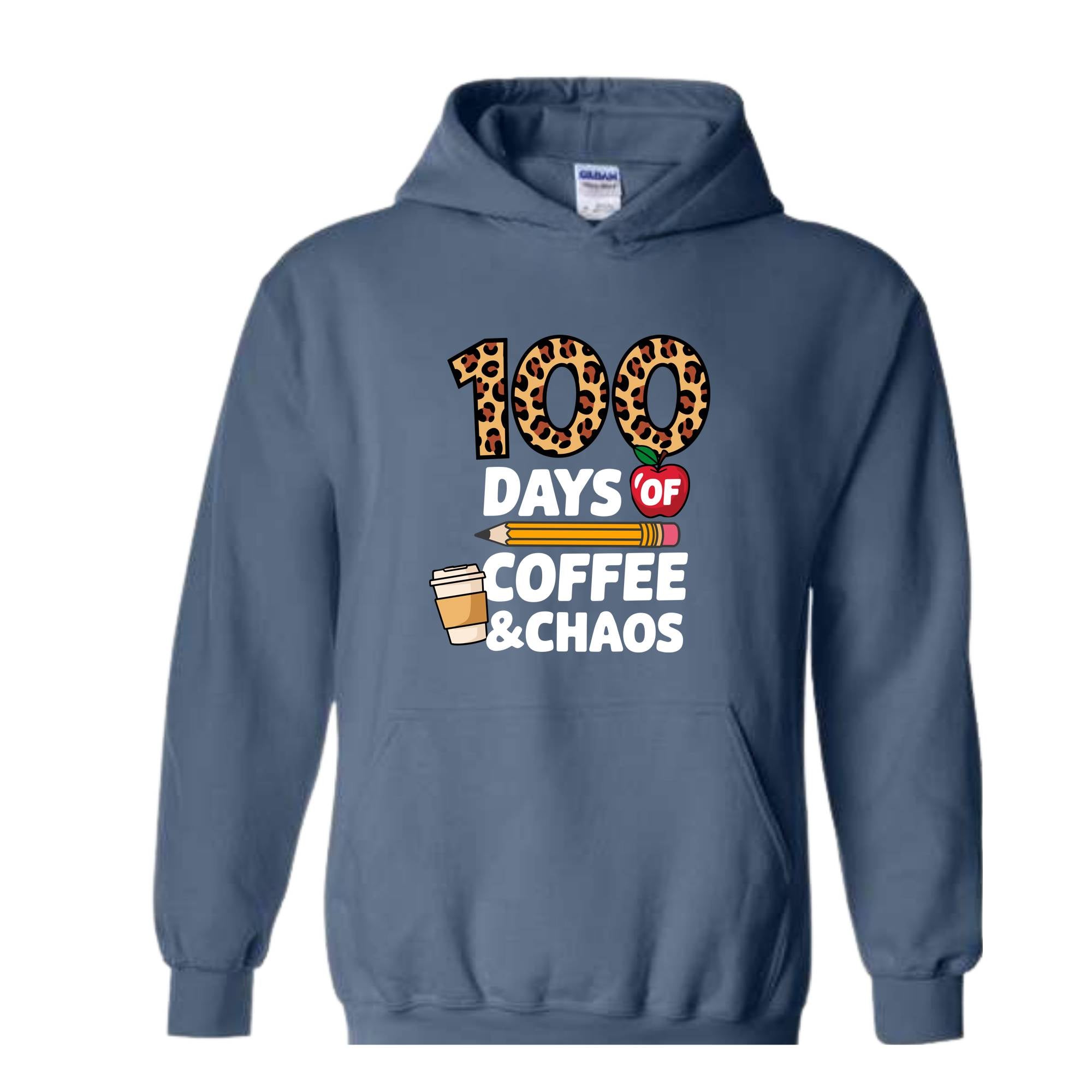 100 Days of Coffee and Chaos Hoodie, Funny Teacher Hoodie, Leopard 100th Day of School Celebration Hoodie, Teacher Life Hoodie