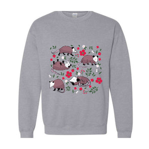 Opossum Sweatshirt, Possum Sweatshirt, Cute Possum Gifts, Floral Opossum, Strawberry Sweatshirt