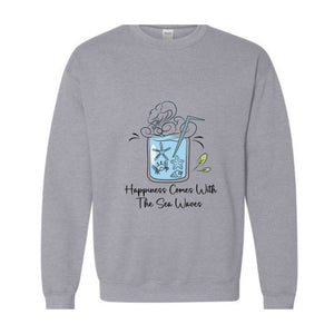 Happiness Comes With the Sea Waves Sweater, Happy Day Sweater, Summer Day Sweater, Waves Sea Sweatshirt, Juice Sea With Straw