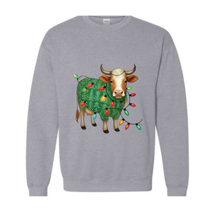 Cute Christmas Sweatshirt, Funny Christmas Cow Sweat, Christmas Lights Sweater, Cow Lover Xmas Gifts, Farm Christmas Sweatshirt