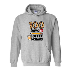 100 Days of Coffee and Chaos Hoodie, Funny Teacher Hoodie, Leopard 100th Day of School Celebration Hoodie, Teacher Life Hoodie