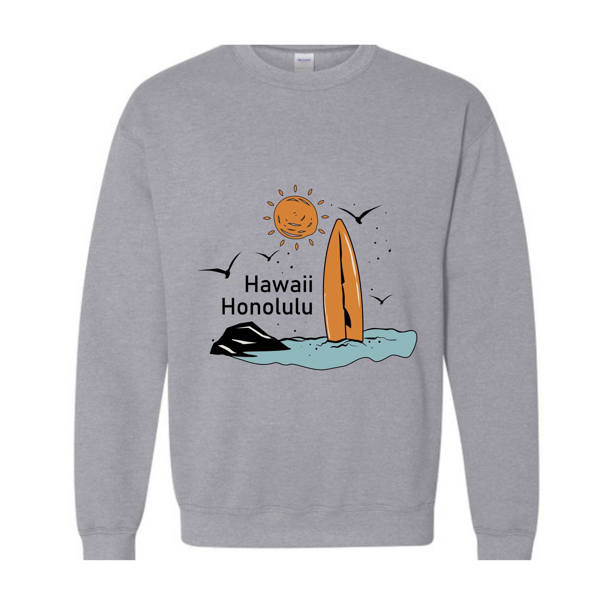 Hawaii Honolulu Sweatshirt, Beach Waves Sweatshirt, Surfing Hoodie, Sun Sweatshirt, Holiday Sweatshirt, Trendy Hawaii Sweatshirt