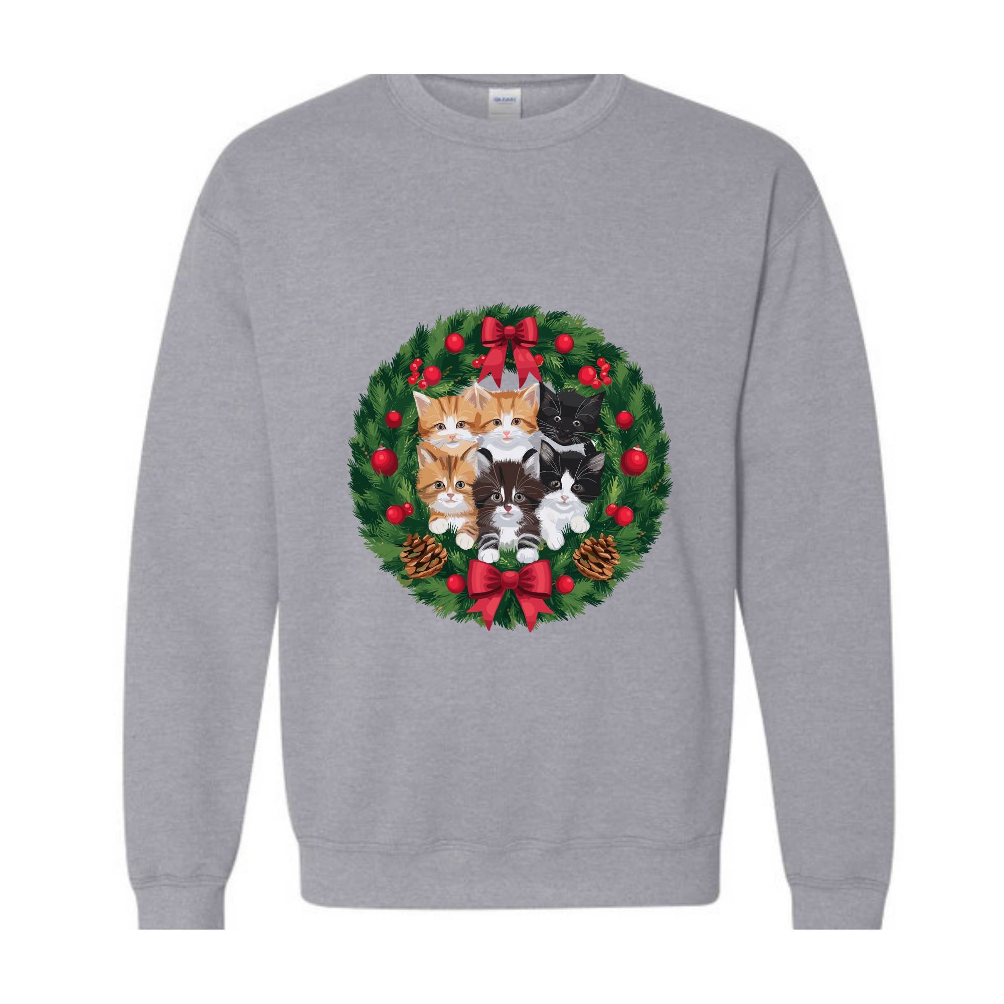 Retro Christmas Cat Wreath Sweatshirt, Vintage Holiday Sweater, Christmas Cats Sweatshirt, Cat Mom Christmas Sweater