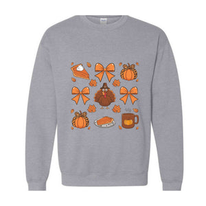 Thanksgiving Coquette Bow Shirt, Turkey Coquette Sweater, Cute Autumn Shirt, Fall Graphic Sweat, Thanksgiving Tee, Pumpkin Coquette Shirt