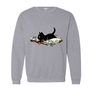 Cute Book Cat Sweatshirt, Floral Cat Bookish Sweatshirt, Gift For Cat Lovers, Cat Mom Hoodie, Bookish Cat Sweater