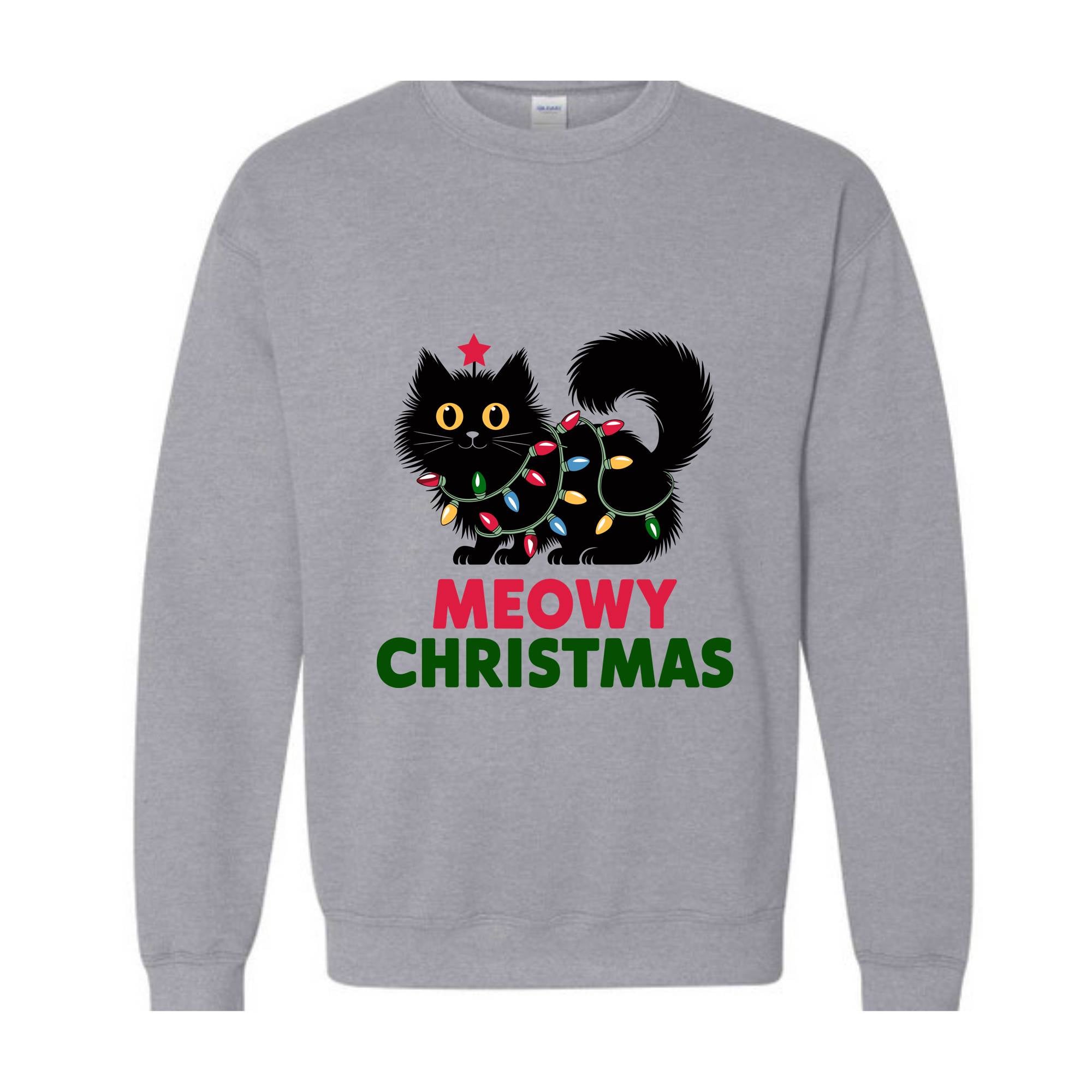 Meowy Christmas Cat Sweatshirt, Black Cat Christmas Hoodie, Cat Lover Tee, Cute Cat Hoodie, Christmas Lights Hoodie, Cat Lover Gift