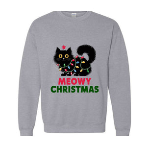 Meowy Christmas Cat Sweatshirt, Black Cat Christmas Hoodie, Cat Lover Tee, Cute Cat Hoodie, Christmas Lights Hoodie, Cat Lover Gift