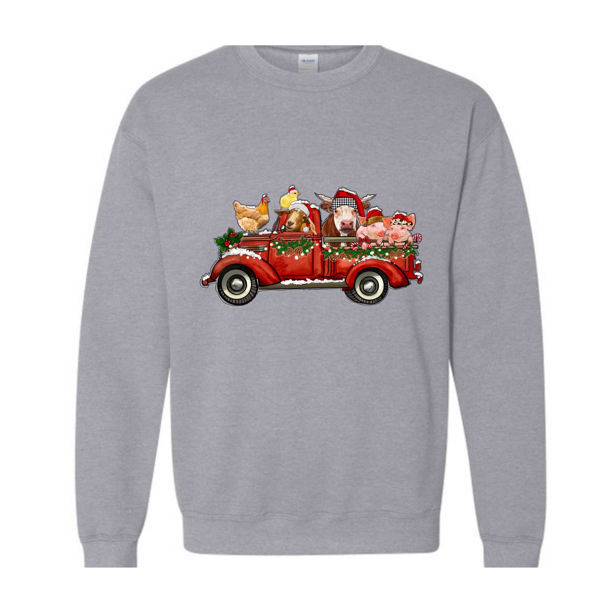 Farm Animals Christmas Truck Sweatshirt, Gifts For Farm Animal Lovers, Truck Xmas Lights Sweat, Farmer Christmas Outfit