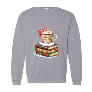 Christmas Book and Coffee Sweatshirt, Christmas Teacher Sweater, Bookish Sweater, Coquette Book Christmas Hoodie