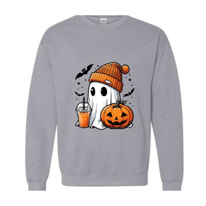 Cute Ghost Halloween Sweatshirt, Ghost Coffee Sweatshirt, Coffee Lover Sweater, Pumpkin Head Crewneck, Pumpkin Spice Shirt, Boo Sweatshirt