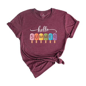 Hello Summer T-Shirt, Popsicle Summer Shirt, Colorful Holiday T-Shirt, Family Vacation Apparel, Summer Vibes Shirt