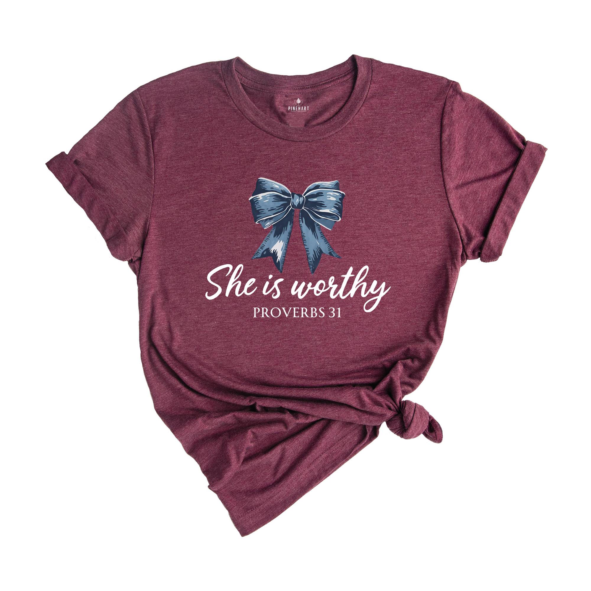 She is Worthy Bow Shirt, Women's Christian Shirts, Cute Christian Coquette T-Shirt, Girly Faith Shirt, Christian Shirt