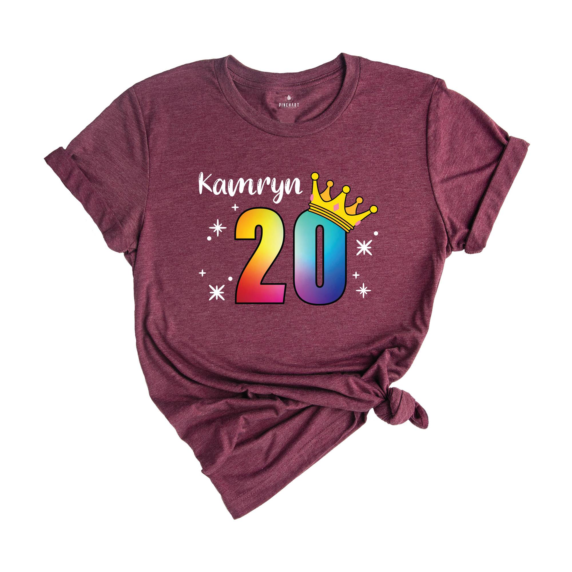 Personalized Names 20 Birthday Shirt, Crown 20th Birthday Shirt, Rainbow Birthday Shirt, Birthday Party Shirt, Toddler Birthday Shirt