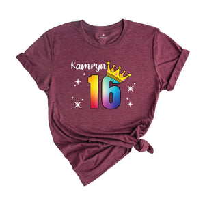 Personalized Names 16 Birthday Shirt, Crown 16th Birthday Shirt, Rainbow Birthday Shirt, Birthday Party Shirt, Toddler Birthday Shirt