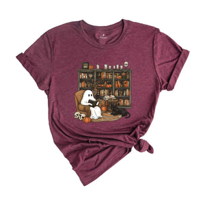 Halloween Library Shirt, Ghost Reading Book Shirt, Halloween Bookshelf Tee, Ghostly Bookish Shirt, Cute Ghost Book Gifts, Book Lover Hallowe