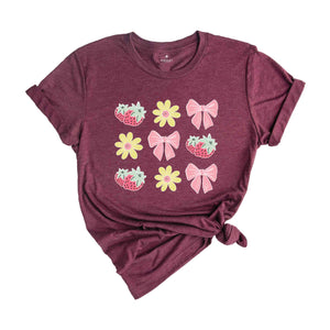 Summer Vibes Shirt, Floral Pink Bows Strawberry Shirt, Cute Summer Shirt, Summer Trendy Tee, Cottegecore Shirt