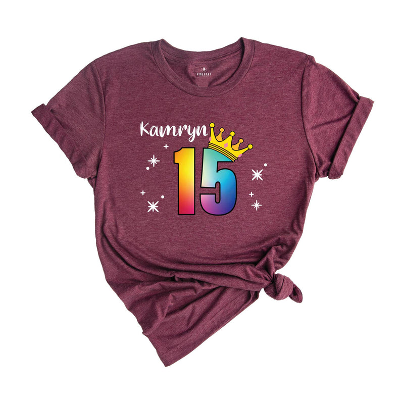 Personalized Names 15 Birthday Shirt, Crown 15th Birthday Shirt, Rainbow Birthday Shirt, Birthday Party Shirt, Toddler Birthday Shirt