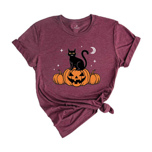 Black Cat on Pumpkin Shirt, Halloween Shirt, Fall Shirts, Spooky Season Shirt, Halloween Shirt, Black Cat Shirt