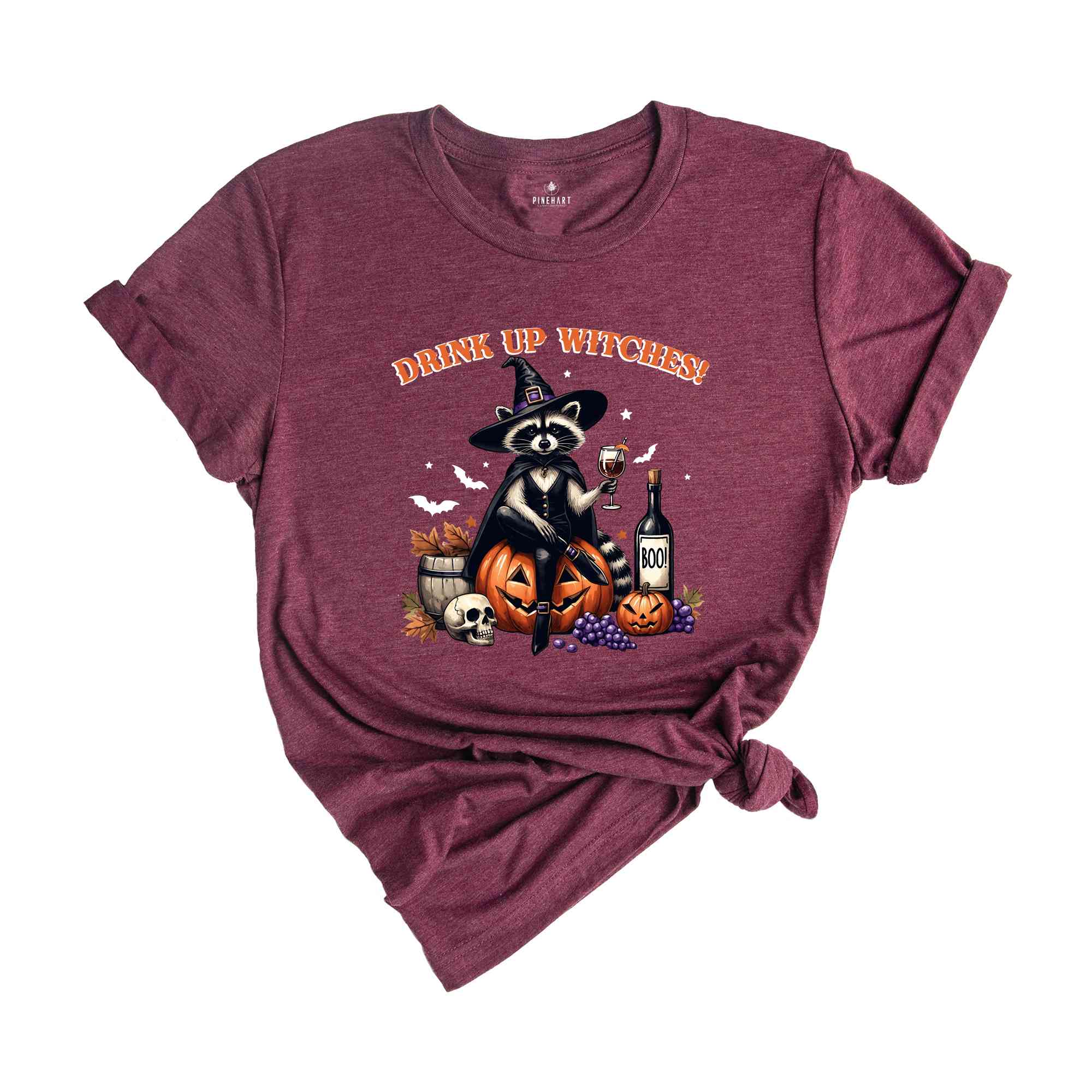 Drink Up Witches Raccoon Shirt, Funny Halloween T-Shirt, Retro Spooky Halloween Party Shirt, Witchy Raccoon Cocktail Pumpkin Skull Tee