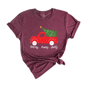 Merry Happy Jolly Shirt, Christmas Tree Shirt, Christmas Shirt, Winter Shirt, Christmas Gift, Cozy Christmas Shirt, Holiday Shirt, Truck Tee