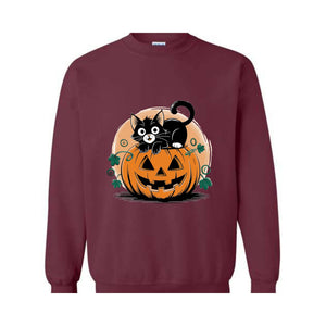 Black Cat Pumpkin Sweatshirt, Fall Shirt, Halloween Gift, Pumpkin Patch Sweatshirt, Black Cat Halloween Sweat, Retro Halloween Sweatshirt