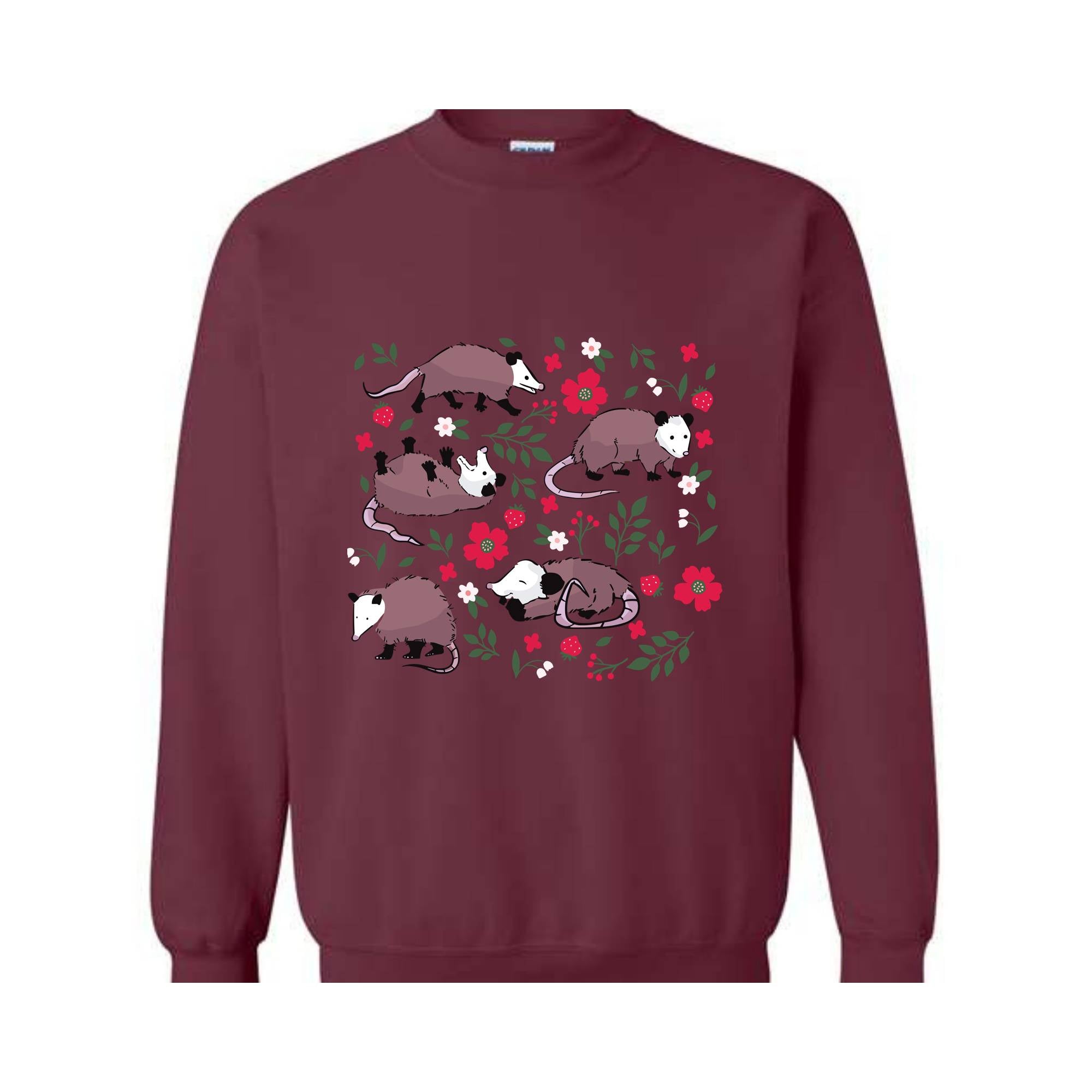 Opossum Sweatshirt, Possum Sweatshirt, Cute Possum Gifts, Floral Opossum, Strawberry Sweatshirt