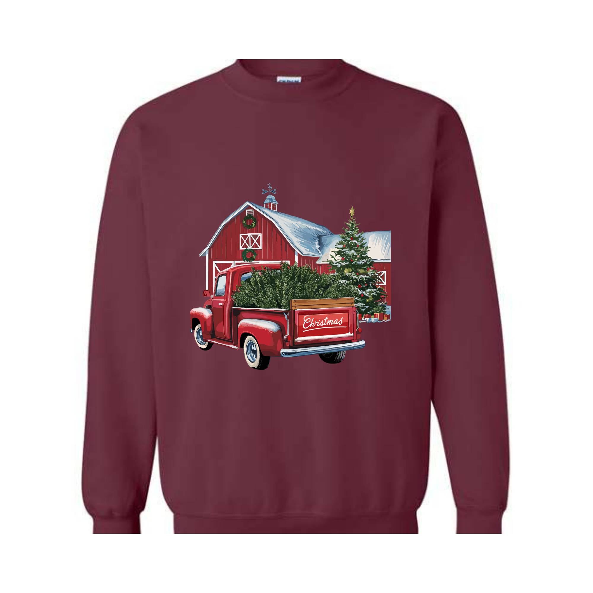 Christmas Sweatshirt, Old Red Barn, Old Red Truck Christmas Tree, Vintage Truck Sweatshirt