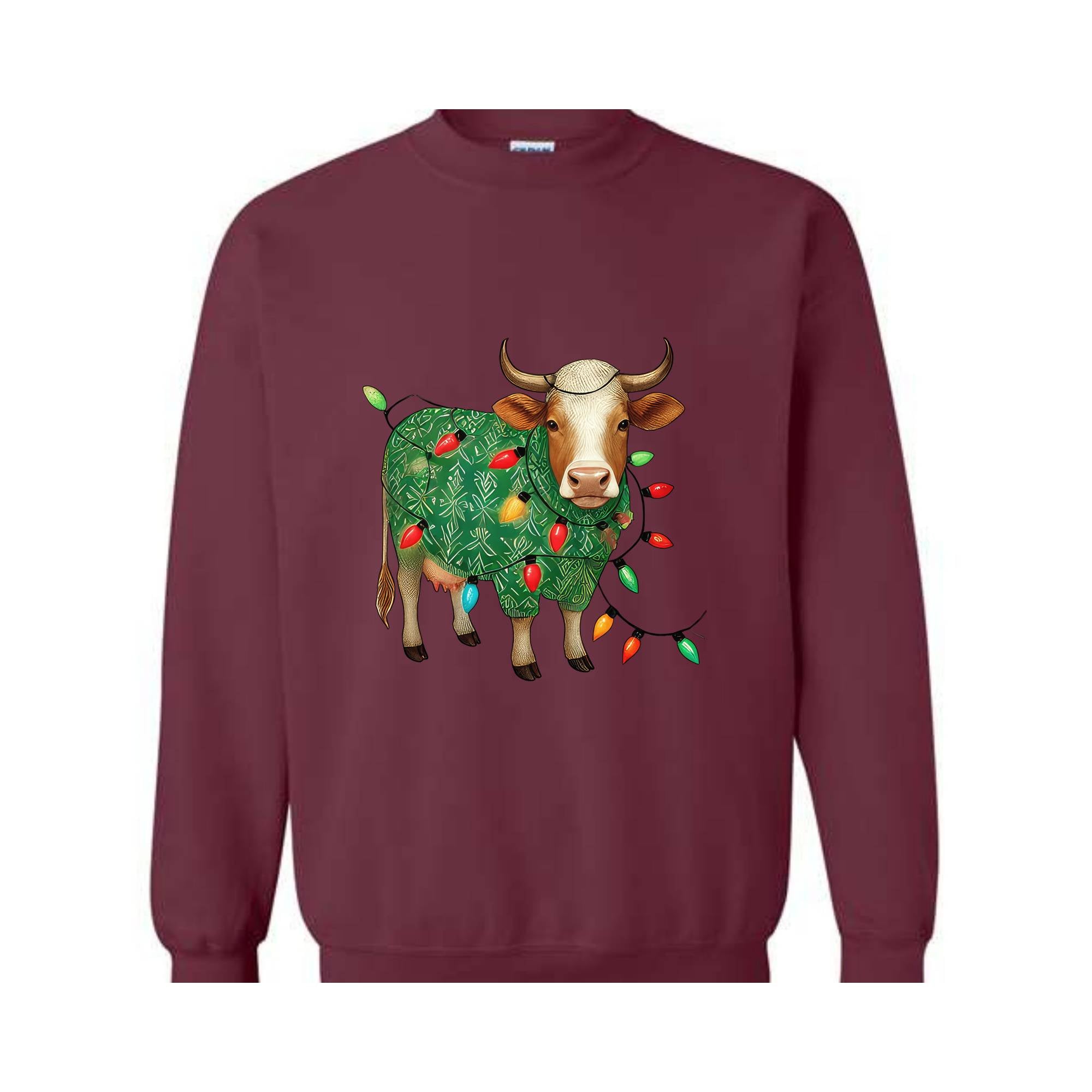 Cute Christmas Sweatshirt, Funny Christmas Cow Sweat, Christmas Lights Sweater, Cow Lover Xmas Gifts, Farm Christmas Sweatshirt