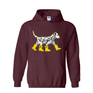 Dog in Boots Sweatshirt, Cute Dalmation Dog Hoodie, Dog Lover Hoodie, Winter Dog Sweater, Dalmation Dog Hoodie, Dog Lover Hoodie