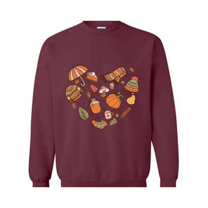 Fall Autumn Doodle Heart Sweatshirt, Pumpkin Heart Sweatshirt, Fall Lover Gift, Cute Pumpkin Sweater, Thanksgiving Sweatshirt