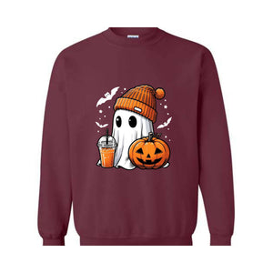 Cute Ghost Halloween Sweatshirt, Ghost Coffee Sweatshirt, Coffee Lover Sweater, Pumpkin Head Crewneck, Pumpkin Spice Shirt, Boo Sweatshirt