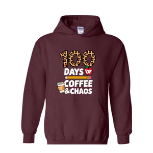 100 Days of Coffee and Chaos Hoodie, Funny Teacher Hoodie, Leopard 100th Day of School Celebration Hoodie, Teacher Life Hoodie