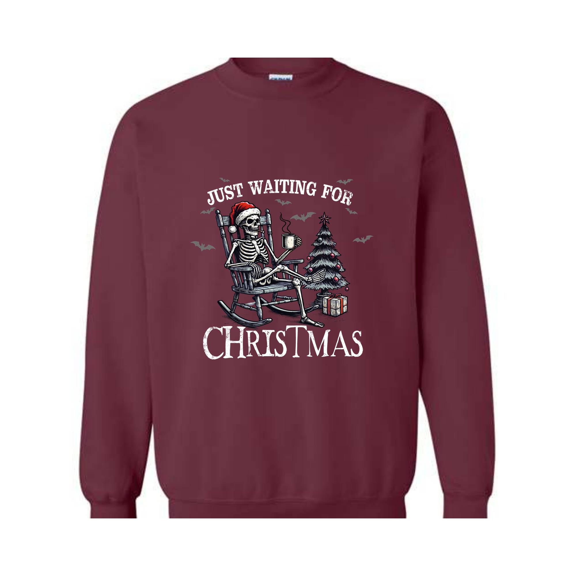 Just Waiting For Christmas Sweatshirt, Halloween Skeleton Sweater, Funny Halloween Crewneck, Skeleton Christmas Shirt, Spooky Season Shirt