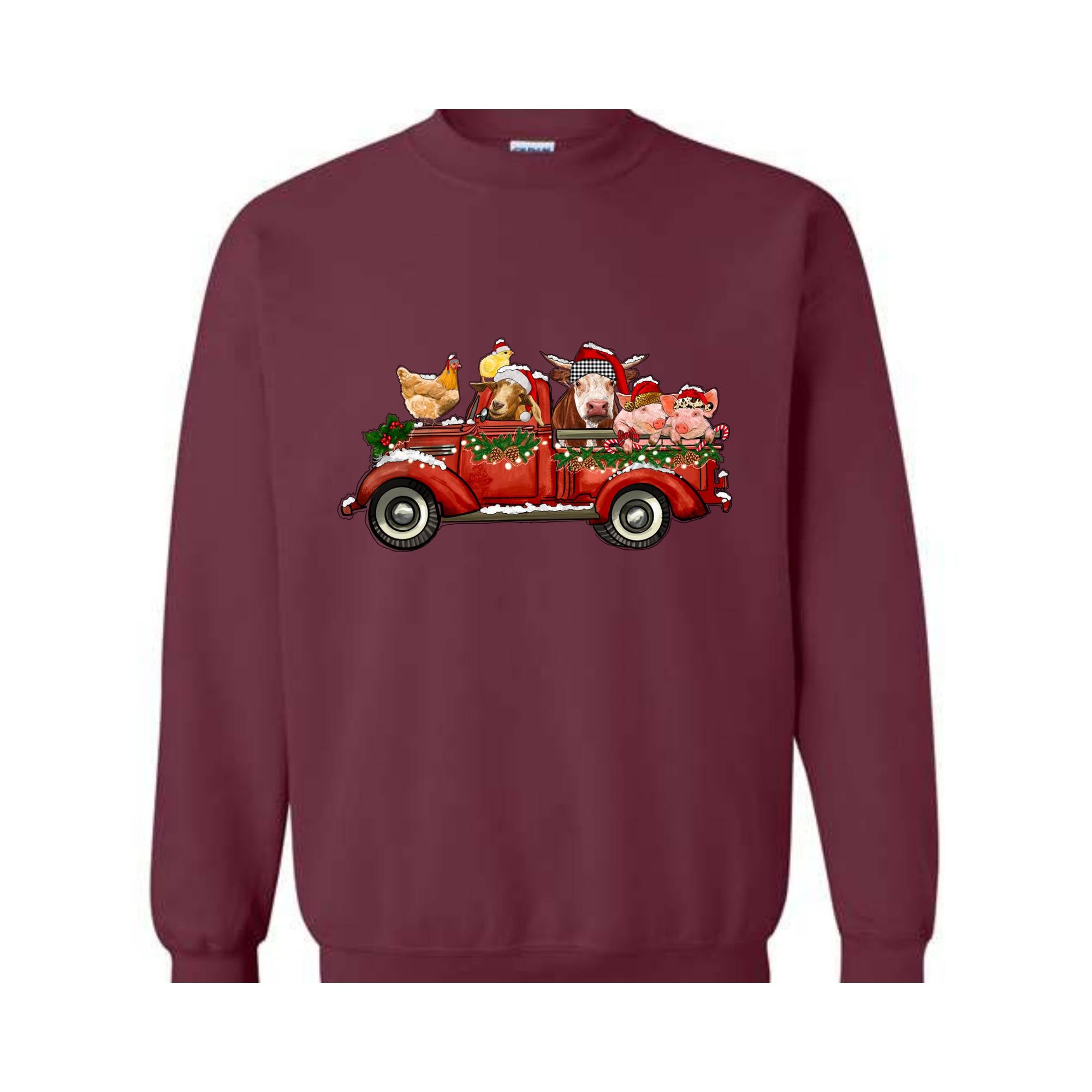 Farm Animals Christmas Truck Sweatshirt, Gifts For Farm Animal Lovers, Truck Xmas Lights Sweat, Farmer Christmas Outfit