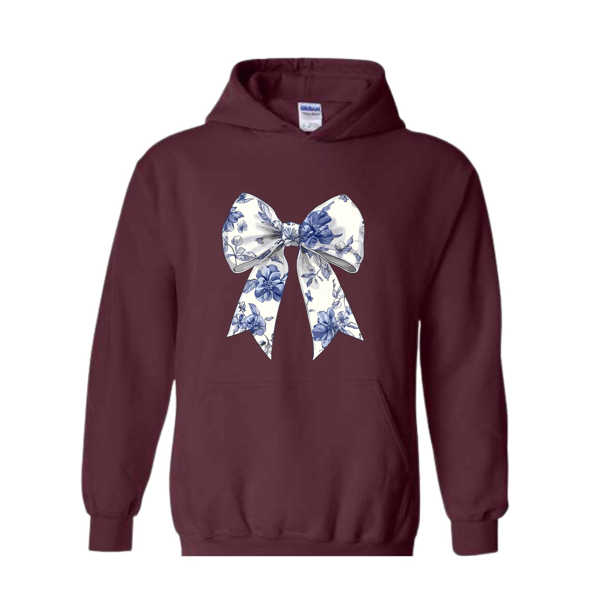 Blue Chinoiserie Bow Hoodie , Toile De Jouy Hoodie, Coquette Bow Blue Hoodie, Cute Mom Hoodie, Toile Blue Bow Hoodie