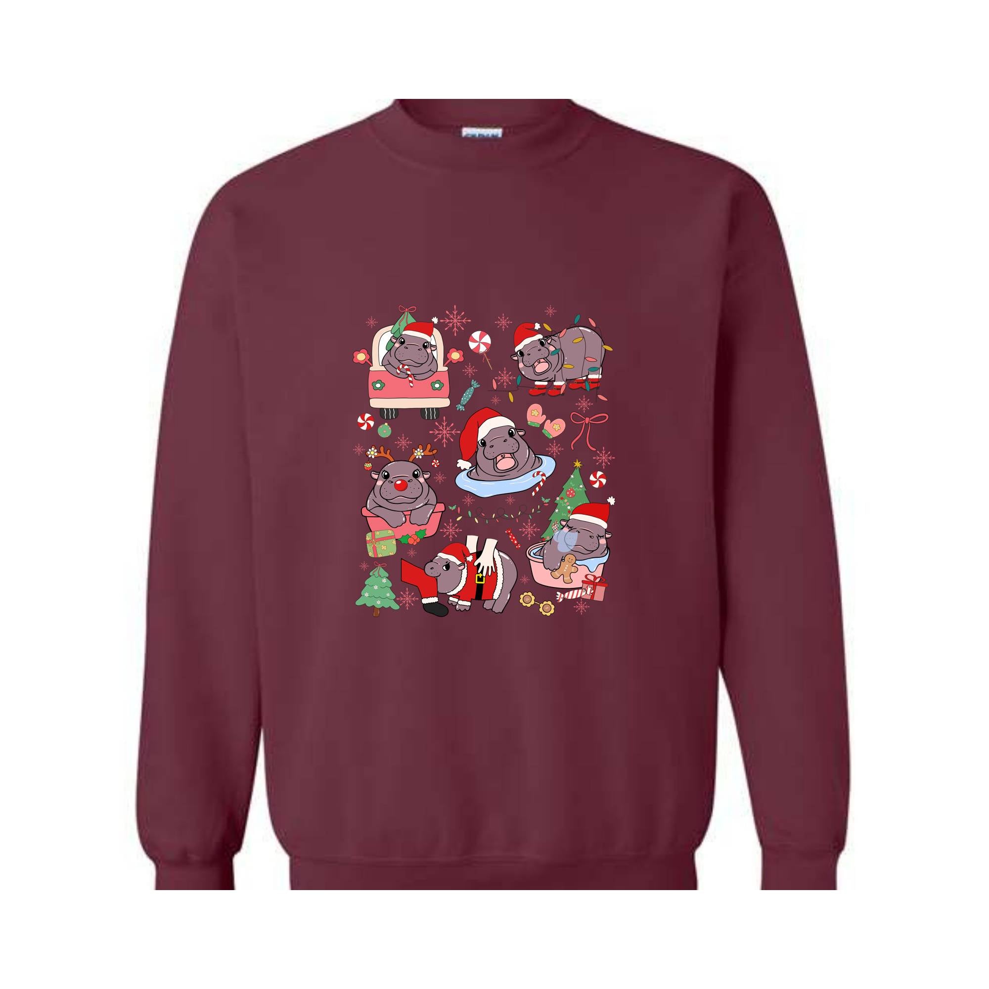 Christmas Coquette Moo Deng Sweatshirt, Coquette Bows Sweater, Moo Deng And Christmas Tree Sweatshirt, Festive Holiday Sweatshirt