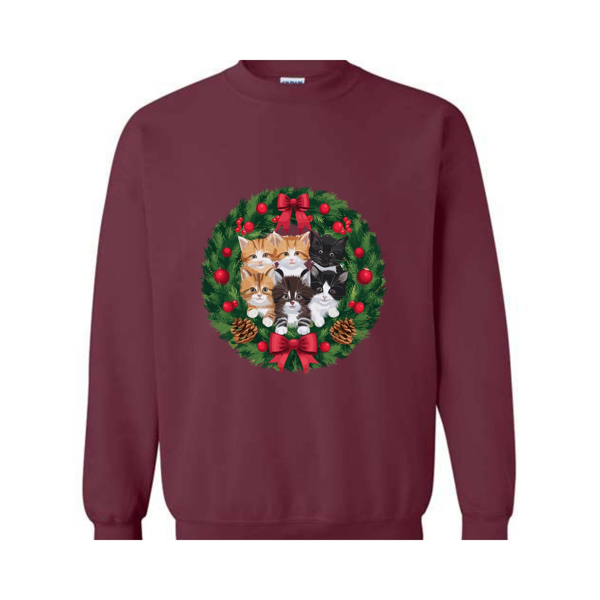 Retro Christmas Cat Wreath Sweatshirt, Vintage Holiday Sweater, Christmas Cats Sweatshirt, Cat Mom Christmas Sweater