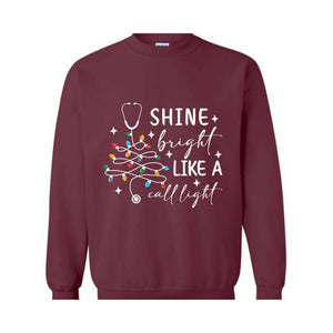 Shine Bright Like A Call Light Sweatshirt, Christmas Nurse Tree Hoodie, Christmas Gifts For Nurses, Christmas Sweater