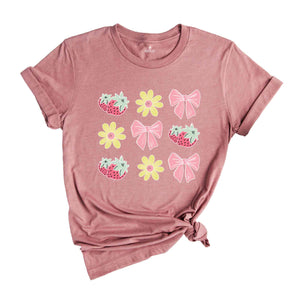 Summer Vibes Shirt, Floral Pink Bows Strawberry Shirt, Cute Summer Shirt, Summer Trendy Tee, Cottegecore Shirt